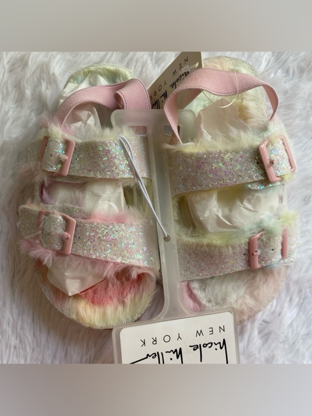 Nicole Miller Pink Glitter Faux-Fur Buckle Sandals